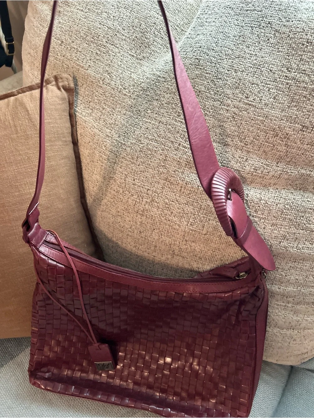 Sharif Studio Woven Leather Hobo Shoulder Bag Burgundy Boho Made in Brazil